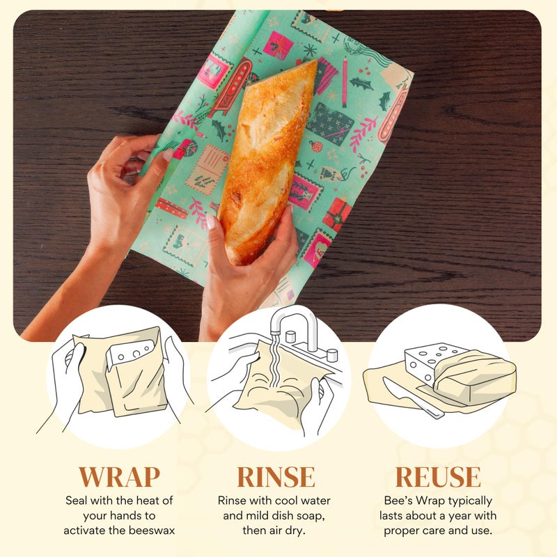 Bee's Wrap Beeswax Wraps for Food - Cut to Size 14x52" Beeswax Wrap Roll - Made in USA Reusable Natural Food Wrap - Seasons Greetings - Image 4