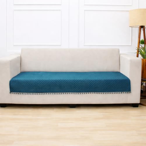 STITCHNEST 3 Seater Quilted Velvet Sofa Cover with Pom Pom | Elegant Castleton Green Sofa Protector for Living Room | Soft, Washable | Perfect for Enhancing Living Room Interiors - Image 2