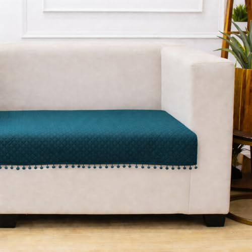 STITCHNEST 3 Seater Quilted Velvet Sofa Cover with Pom Pom | Elegant Castleton Green Sofa Protector for Living Room | Soft, Washable | Perfect for Enhancing Living Room Interiors - Image 3