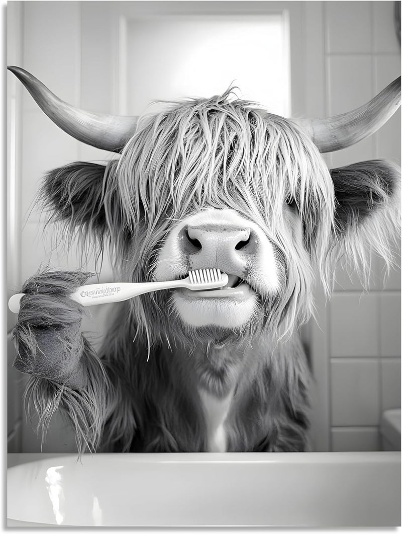 OWNANRTHM Highland Cow Brushing Teeth Canvas Wall Art - Image 2