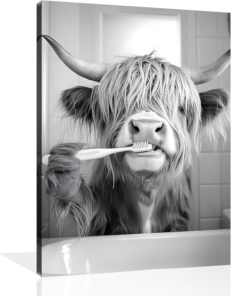 OWNANRTHM Highland Cow Brushing Teeth Canvas Wall Art - Image 1