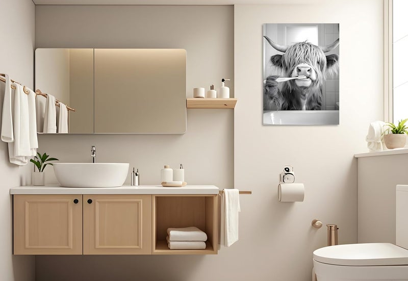 OWNANRTHM Highland Cow Brushing Teeth Canvas Wall Art - Image 3