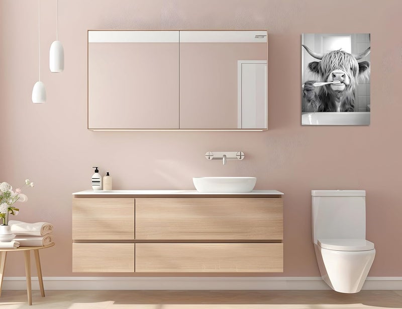 OWNANRTHM Highland Cow Brushing Teeth Canvas Wall Art - Image 5