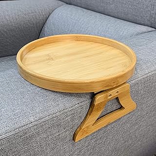 F.T F&T Xchouxer Side Tables Natural Bamboo Sofa Armrest Clip-On Tray, Ideal for Remote/Drinks/Phone (Round) - Image 1