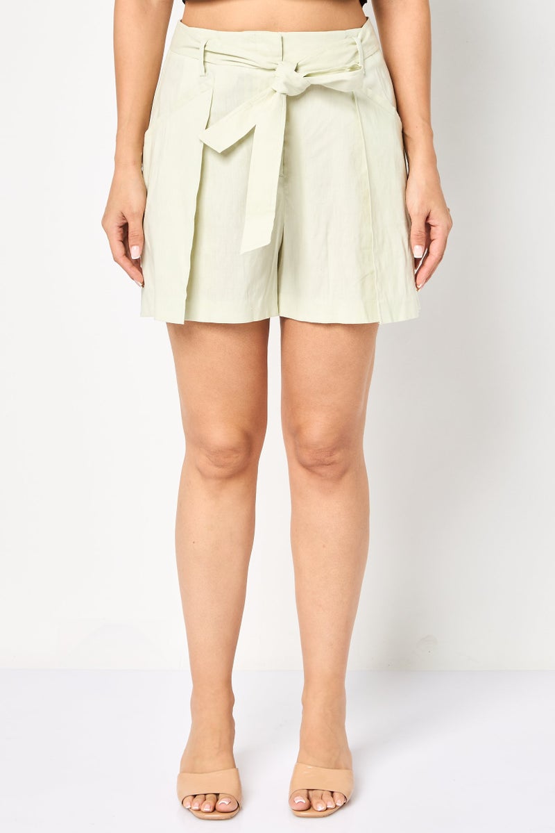 SELECTED Women Solid Belted Shorts, Light Green - Image 1
