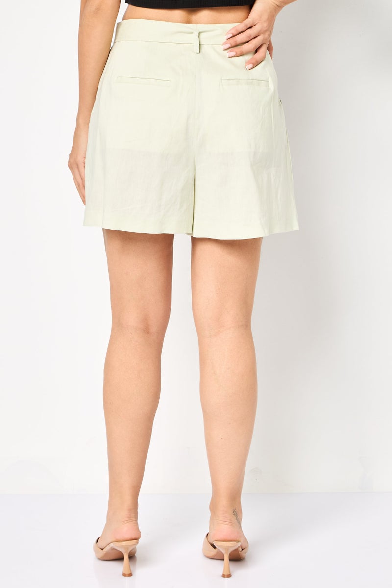 SELECTED Women Solid Belted Shorts, Light Green - Image 4