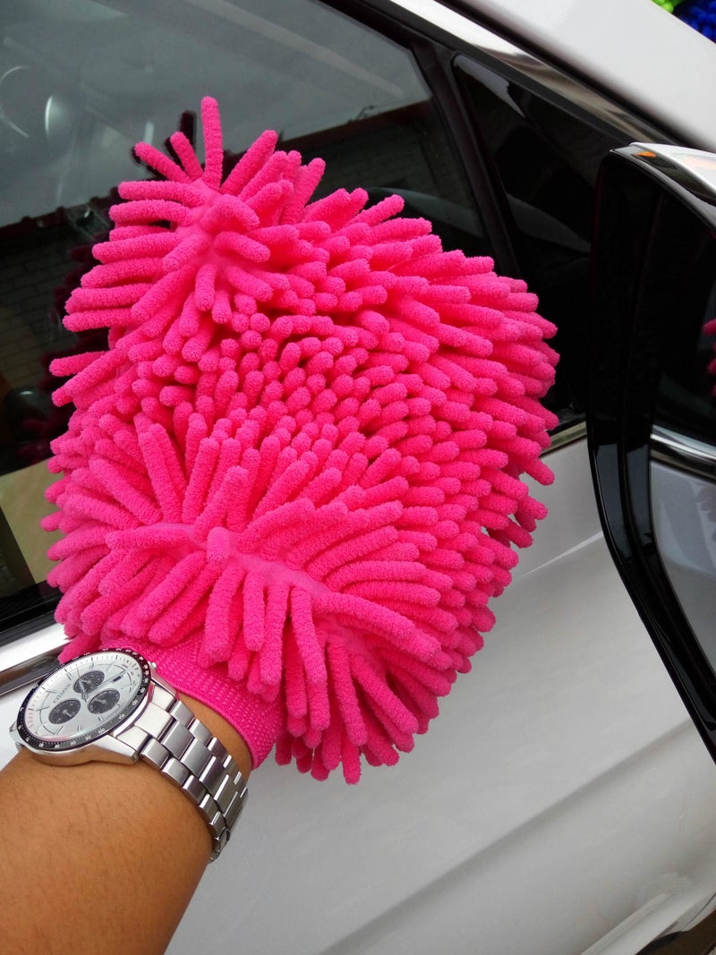 Large Double-Sided Chenille Car Wash Gloves Coral Fleece Towel Pink