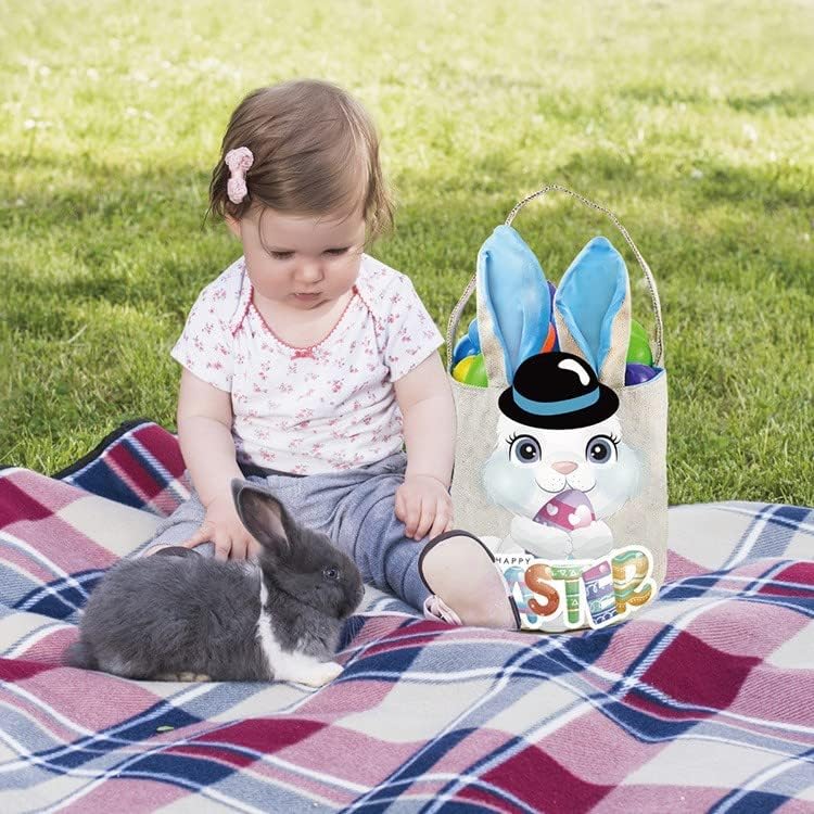 PADELO Easter Basket for Kids Cute Easter Bucket Stuffers Bags with Bunny Ears for Easter Eggs Hunting Easter Party Decorations Candy Gifts Storage Blue Easter Baskets - Image 2