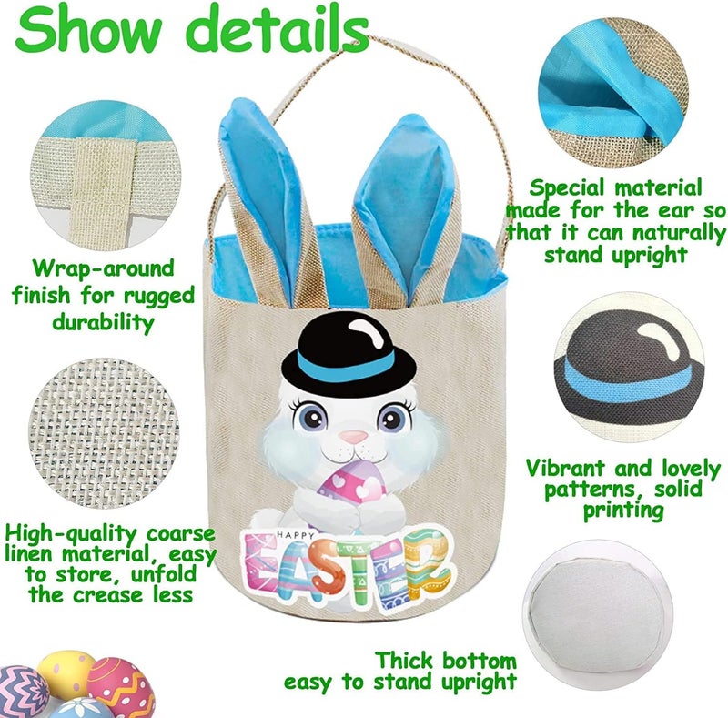 PADELO Easter Basket for Kids Cute Easter Bucket Stuffers Bags with Bunny Ears for Easter Eggs Hunting Easter Party Decorations Candy Gifts Storage Blue Easter Baskets - Image 4