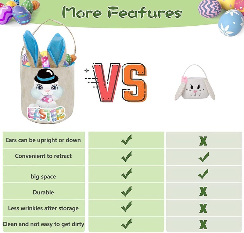PADELO Easter Basket for Kids Cute Easter Bucket Stuffers Bags with Bunny Ears for Easter Eggs Hunting Easter Party Decorations Candy Gifts Storage Blue Easter Baskets - Image 5