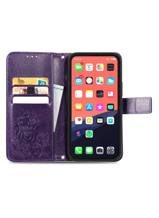 اس-توب جراب لهاتف iPhone 13 مزود بمشبك منقوش على شكل ورقة برسيم رباعية الأوراق، جراب جلدي لحماية الهاتف المحمول مع حبل وفتحة للبطاقة ومحفظة ووظيفة قوس - Image 3