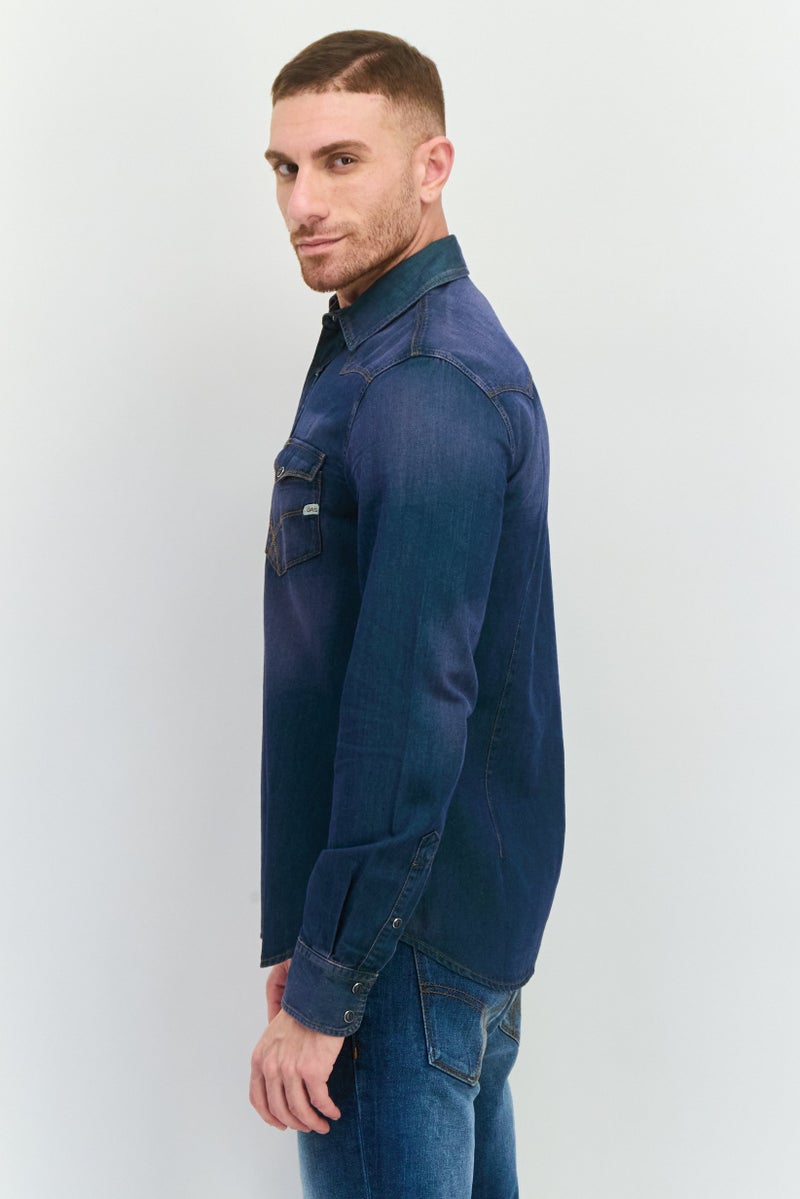 GAS Men Regular Fit Solid Long Sleeves Casual Shirt, Blue - Image 3