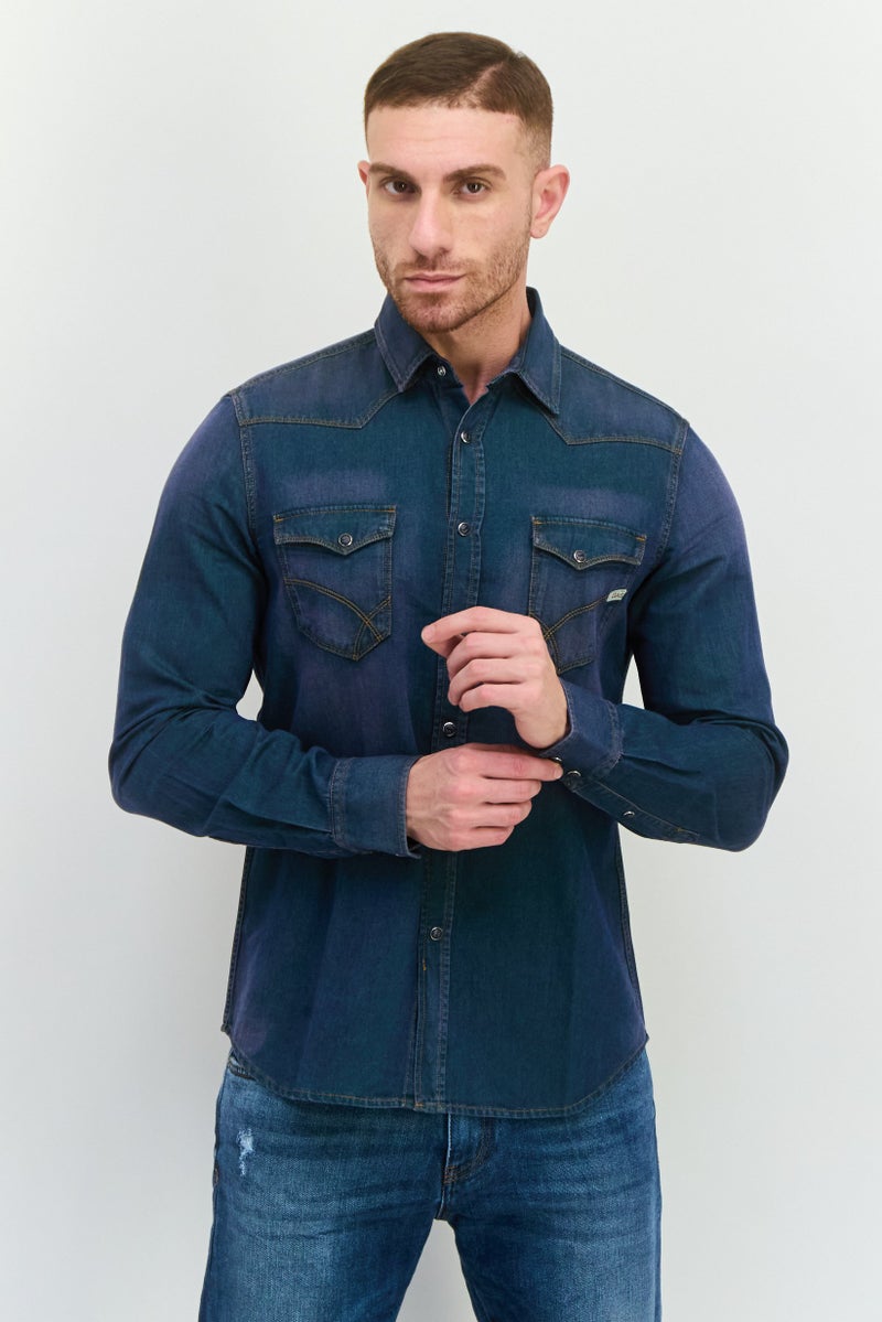 GAS Men Regular Fit Solid Long Sleeves Casual Shirt, Blue - Image 1