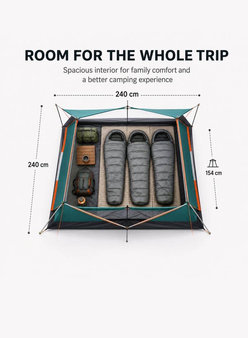 WEMART 5-8 Person Camping Tent, 60-Second Automatic Pop-Up Family Tent, 240×240×154cm, Waterproof Windproof, Removable Canopy, 2 Doors & 2 Windows, Carry Bag, Green - Image 3