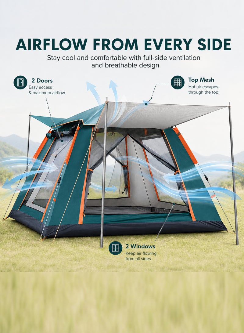 WEMART 5-8 Person Camping Tent, 60-Second Automatic Pop-Up Family Tent, 240×240×154cm, Waterproof Windproof, Removable Canopy, 2 Doors & 2 Windows, Carry Bag, Green - Image 4