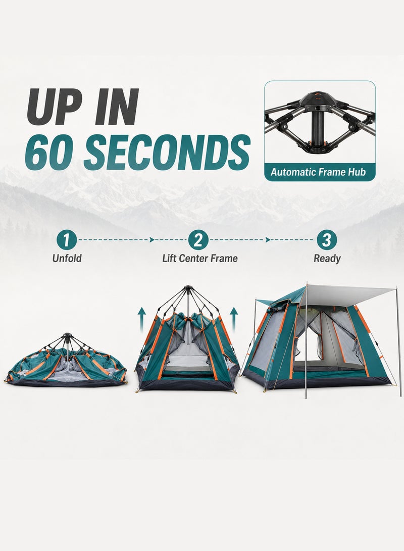 WEMART 5-8 Person Camping Tent, 60-Second Automatic Pop-Up Family Tent, 240×240×154cm, Waterproof Windproof, Removable Canopy, 2 Doors & 2 Windows, Carry Bag, Green - Image 2
