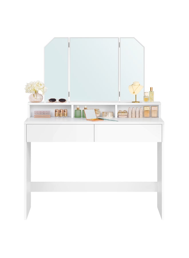 VASAGLE Dressing Table with Tri-Fold Mirror, Makeup Table with 2 Drawers and 3 Open Compartments, Vanity Table, Modern Style, White - Image 1