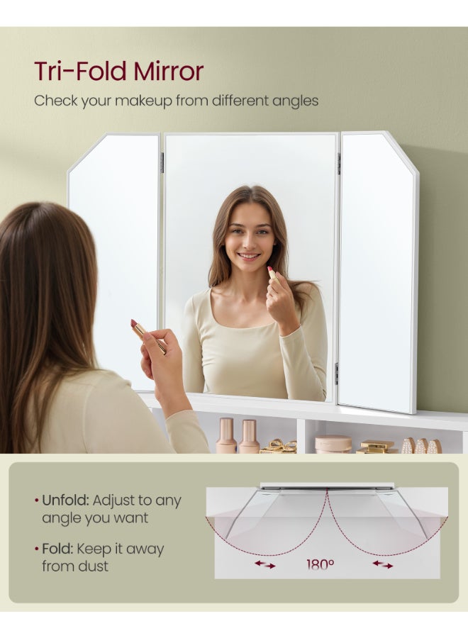 VASAGLE Dressing Table with Tri-Fold Mirror, Makeup Table with 2 Drawers and 3 Open Compartments, Vanity Table, Modern Style, White - Image 4