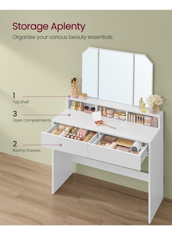 VASAGLE Dressing Table with Tri-Fold Mirror, Makeup Table with 2 Drawers and 3 Open Compartments, Vanity Table, Modern Style, White - Image 3