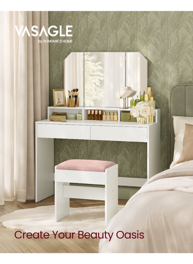 VASAGLE Dressing Table with Tri-Fold Mirror, Makeup Table with 2 Drawers and 3 Open Compartments, Vanity Table, Modern Style, White - Image 2