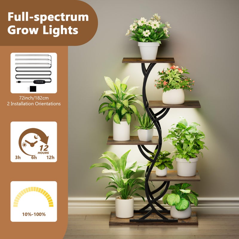 EVAWOO Plant Stand Indoor with Grow Lights - 44" Tall Corner Plant Stands for Indoor Plants, 5 Tiered Metal Plant Shelf, Curved Plant Flower Holder Dispaly Rack for Living Room, Home Patio Balcony (Black) - Image 4