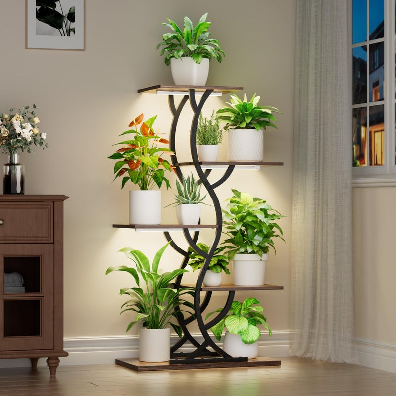 EVAWOO Plant Stand Indoor with Grow Lights - 44" Tall Corner Plant Stands for Indoor Plants, 5 Tiered Metal Plant Shelf, Curved Plant Flower Holder Dispaly Rack for Living Room, Home Patio Balcony (Black) - Image 1