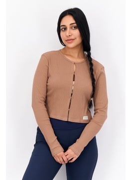 The Giving Movement Women Round Neck Textured Cardigan, Dark Tan  - Image 1