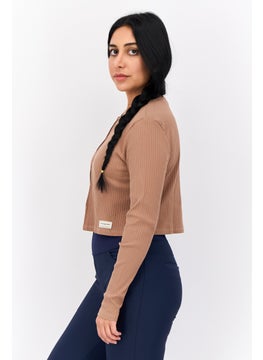 The Giving Movement Women Round Neck Textured Cardigan, Dark Tan  - Image 3