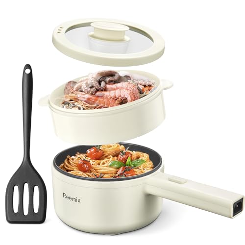 Reemix Hot Pot Electric With Steamer, 1.6L Ramen Cooker Non-Stick Sauté Pan for Steak, Egg, Fried Rice, Ramen, Oatmeal, Soup, Portable Personal Perfect Suit Dorm Room and Apartment (White) - Image 1