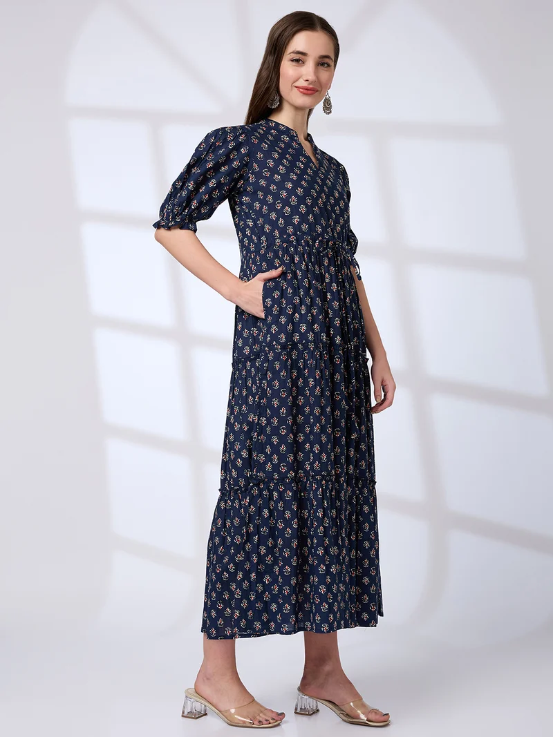 جلو باص فستان ميدي نسائي بياقة ماندرين وأكمام منتفخة وربطة خصر وطبقات بتصميم - للعمل