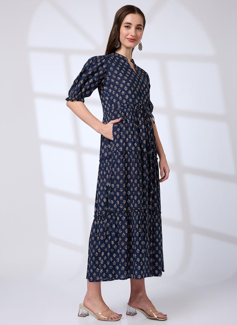 Globus Women's Mandarin Collar Tiered Midi Dress with Puff Sleeves and Waist Tie Ups - Image 3