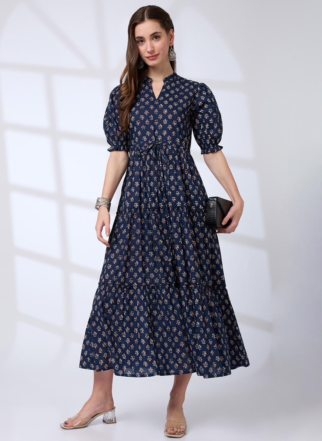Globus Women's Mandarin Collar Tiered Midi Dress with Puff Sleeves and Waist Tie Ups
