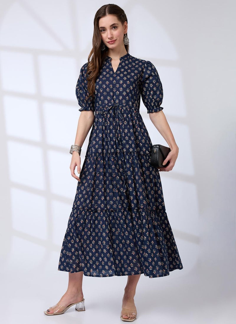 Globus Women's Mandarin Collar Tiered Midi Dress with Puff Sleeves and Waist Tie Ups - Image 1
