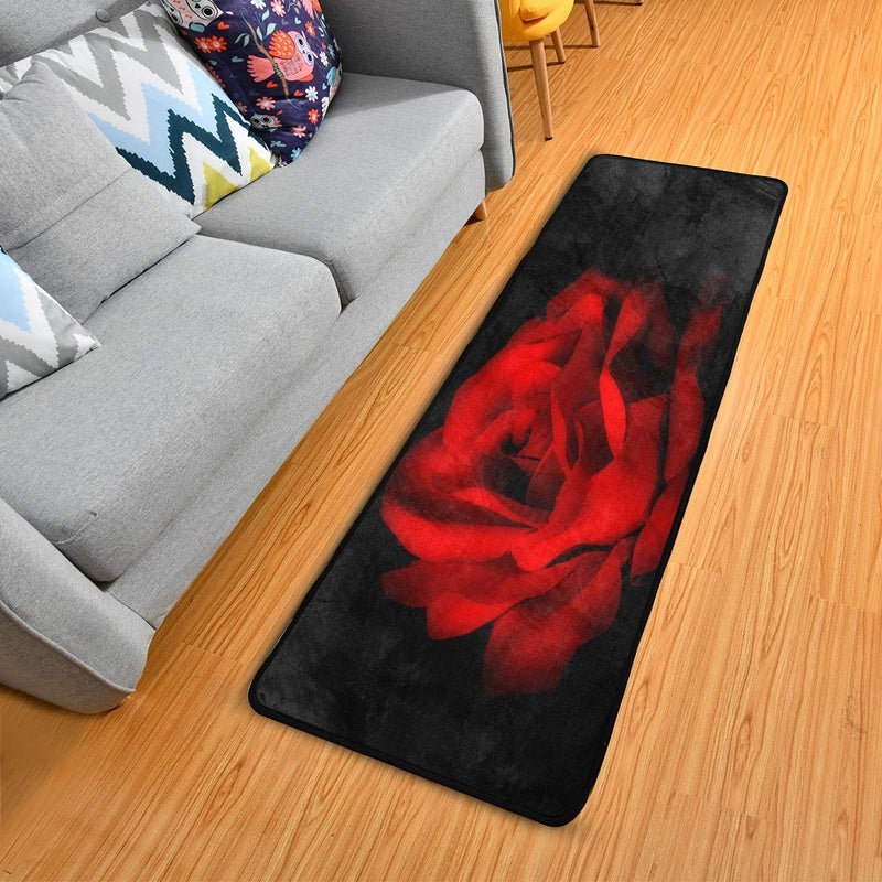 senya Red Rose On Black Background Runner Rug Floor Mat NonSkid Kitchen Rug Soft Area Rug for Bathroom Entryway Hallway Dining Living Room 