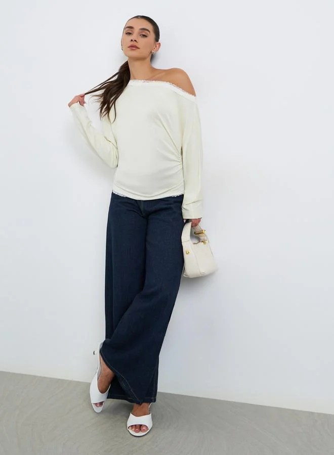 Styli Women Lace Trim Asymmetric Neck T-Shirt