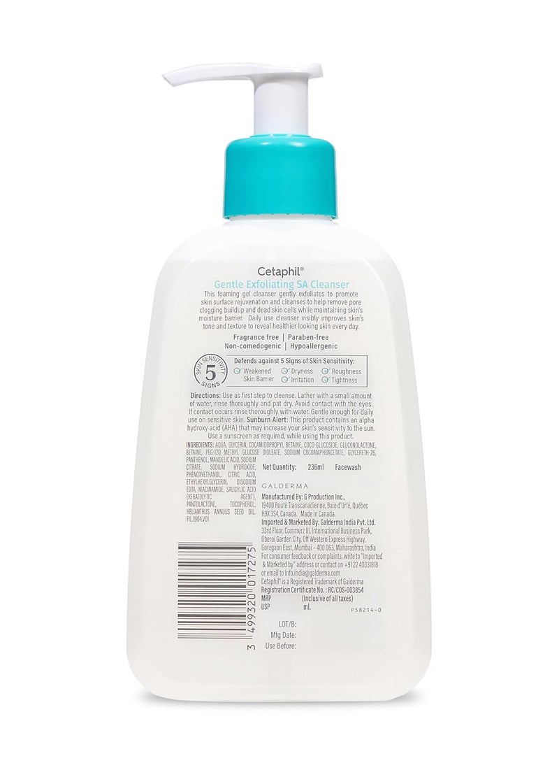 Cetaphil Gentle Exfoliating Sa Cleanser, Foaming Gel Cleanser For All Skin Types, Salicylic Acid, Mandelic Acid & Gluconolactone, Gently Exfoliates, Dermatologist Recommended Brand,  Pump Bottle - Transperant 236ml - Image 2