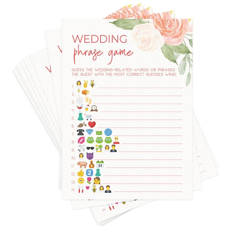 Printed Party Bridal Shower Games â€“ Wedding Phrase Guessing Game, Love in Bloom Wedding Shower Activity, Pink Floral Design, 50 Guests - Image 1
