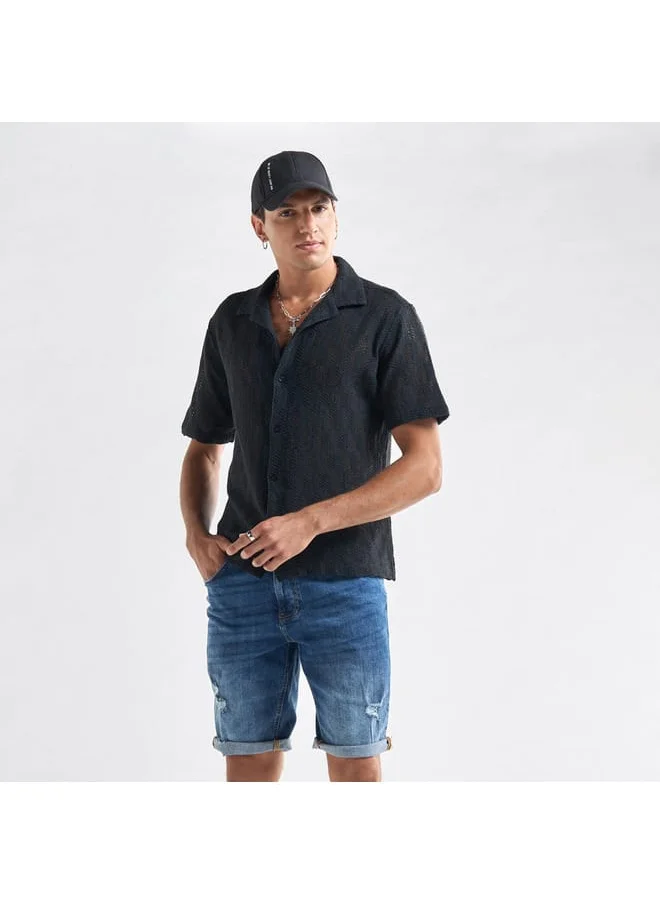 FAV Textured Shirt with Camp Collar and Short Sleeves