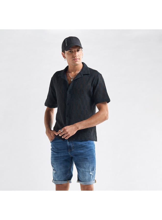 Splash FAV Textured Shirt with Camp Collar and Short Sleeves  - Image 1