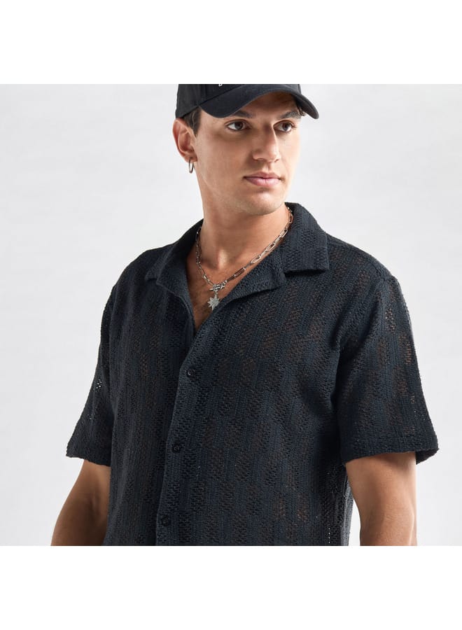 Splash FAV Textured Shirt with Camp Collar and Short Sleeves  - Image 4