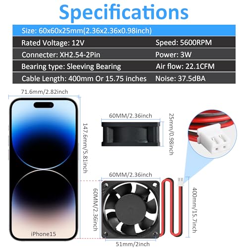 PANO-MOUNTS 60mm 12V DC Cooling Fan - PANOMOUNTS CF6025 High Airflow 60mm 25mm 12V 2Pin Amp Fans for Car Audio Vent Cooling Fan Low Noise 5600RPM 2-Pack - Image 2
