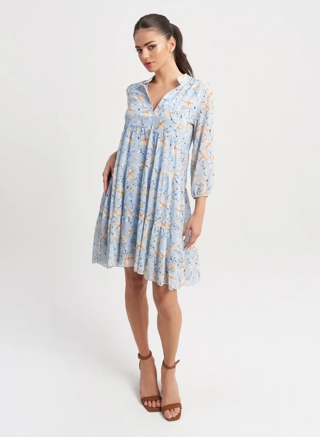 ZABAIONE Women's Blue Floral Print Babydoll Dress