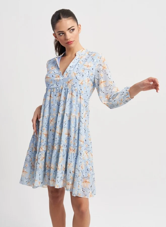 ZABAIONE Women's Blue Floral Print Babydoll Dress
