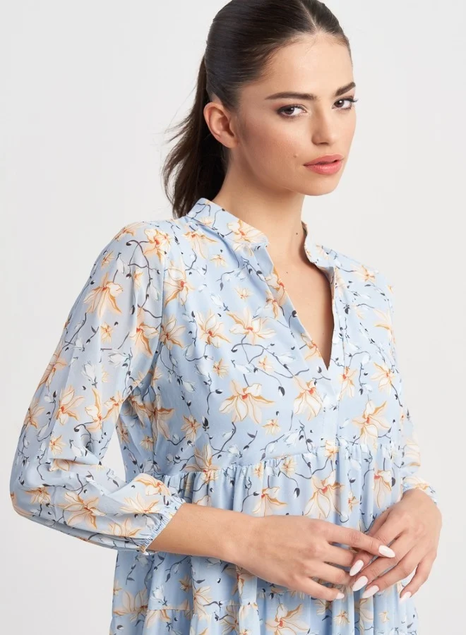 ZABAIONE Women's Blue Floral Print Babydoll Dress