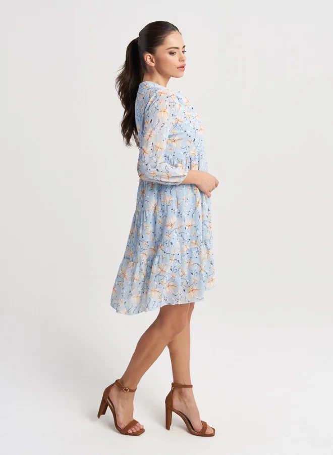 ZABAIONE Women's Blue Floral Print Babydoll Dress