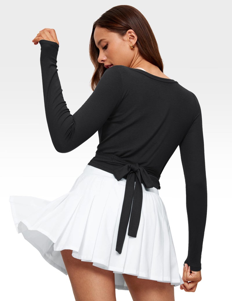 INGIA Womens V-Neck Long Sleeve Cross Wrap Top Slim Fit Soft Knit Layering Shirt Casual Yoga Gym Bandage Tie Tops Black Small - Image 2