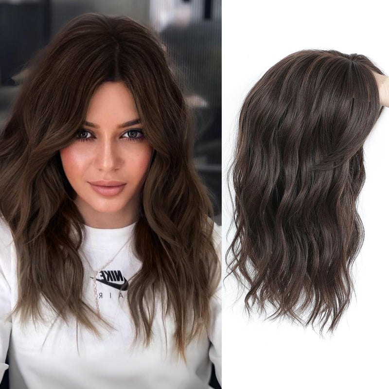 PANEWAY Hair Topper 16 Inch, Wavy Curly Soft Brown Clip-in Wiglet for Women, Synthetic Top Piece to Add Volume & Thickness - Image 1