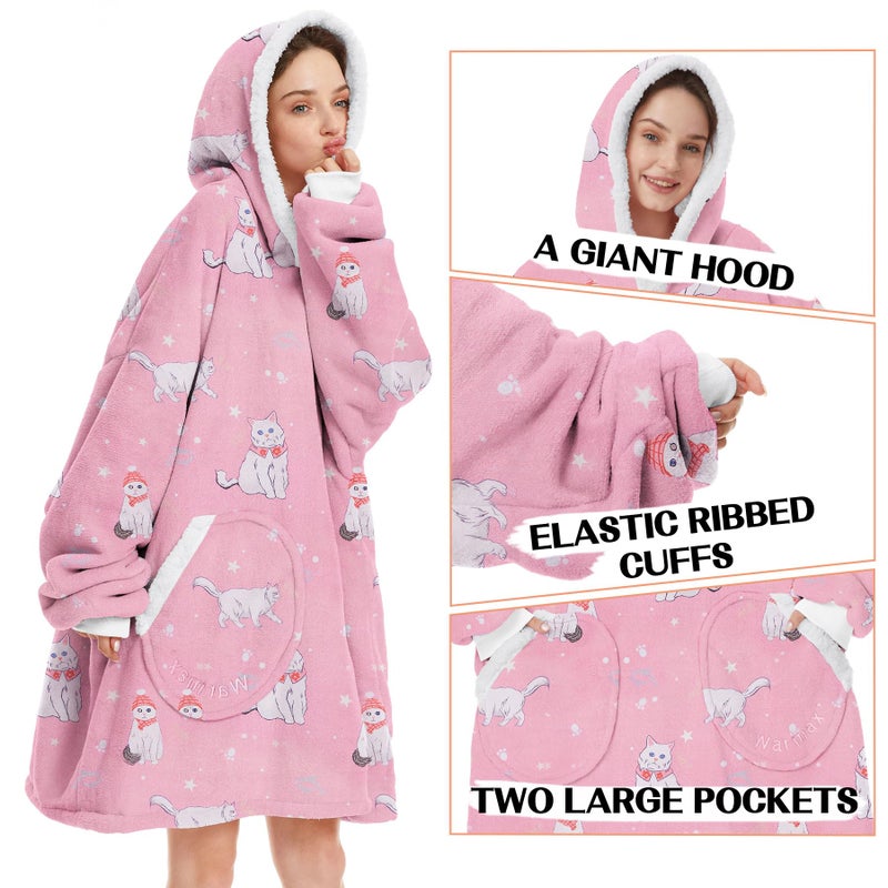 Zando Zando Oversized Wearable Pink Blanket Hoodie - Cozy and Warm Sherpa Fleece Sweater Blanket with Pocket - Gift for Women & Men - Image 3