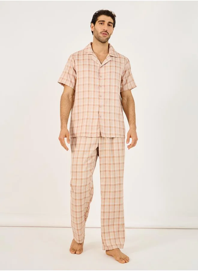 Styli Styli Woven Checked Short Sleeve Shirt and Straight Pyjama Set