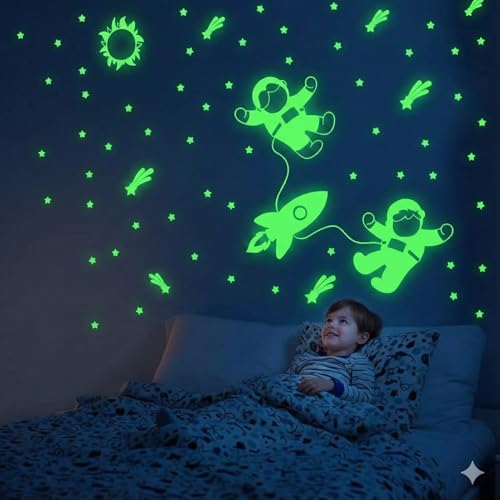 Dreamkraft Glow in The Dark Stickers - Two Flying Astronauts with Rocket and Stars, Radium Vinyl Material, 212 Total Stickers-Self-Adhesive - Image 1